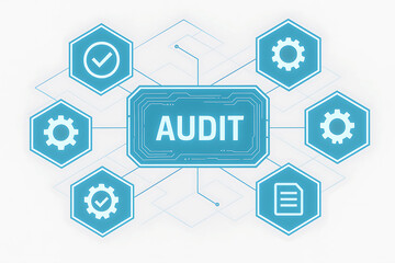 Obraz premium Glowing audit process network with blue hexagons on white futuristic background