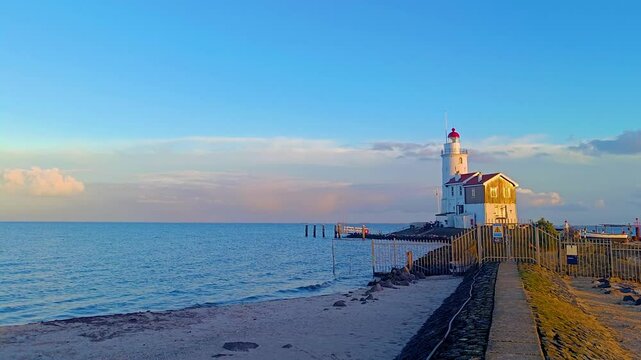 Lighthouse near sea at marken, netherlands. European style white lighthouse, Calm ocean waters and blue sky during sunset.