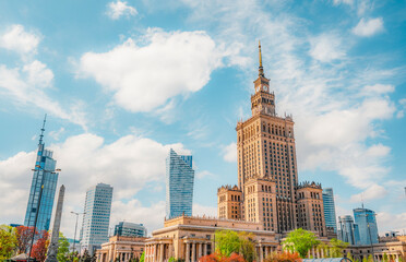 Warsaw, top view of the Palace of Culture in Poland and in the background the skyscrapers of the...