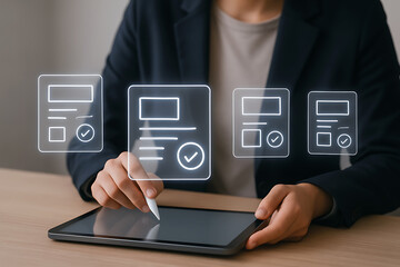 Businessman interacting with digital interface showing business analytics and graphs