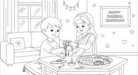 A black and white illustration depicting a family celebrating Raksha Bandhan