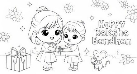 A delightful black and white Raksha Bandhan coloring page featuring two animated girls celebrating the festival with a gift box, flowers, sparkles, and a mouse