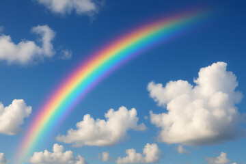 A vivid rainbow spans the sky, accompanied by fluffy white clouds against a blue backdrop.