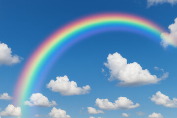 A vivid rainbow spans the sky, accompanied by fluffy white clouds against a blue backdrop.