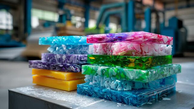 Compressed bundles of colorful plastic waste cubes stored at recycling plant awaiting reprocessing