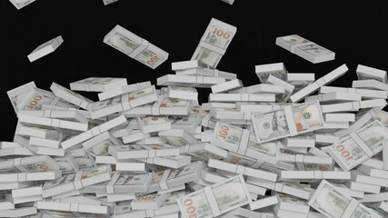 Bank note dollar roll bundle money drop overlay on black background falling cash animation graphic.