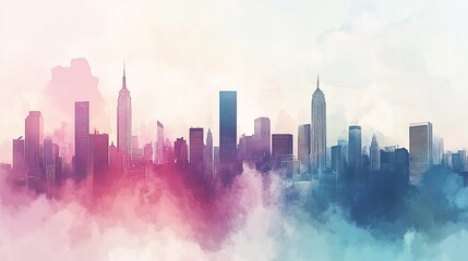 Watercolor Skyline: A Vibrant Cityscape Painting with Pastel Hues