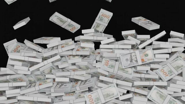 Bank note dollar roll bundle money drop overlay on black background falling cash animation graphic.