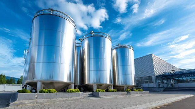 Stainless steel storage silos at paint and coatings factory shine beneath clear blue sky