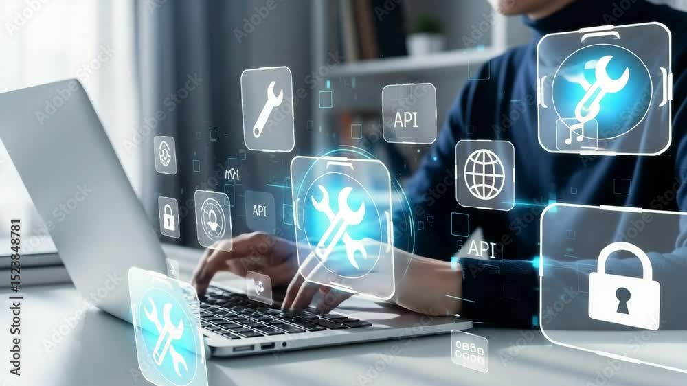 Poster Person typing on a laptop with floating digital icons displaying various software applications shown