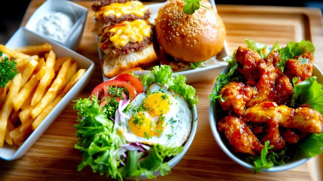 Fast-food combo platter featuring cheeseburger, crispy fries, fried chicken wings and fresh salad topped with sunny-side eggs served on wooden board
