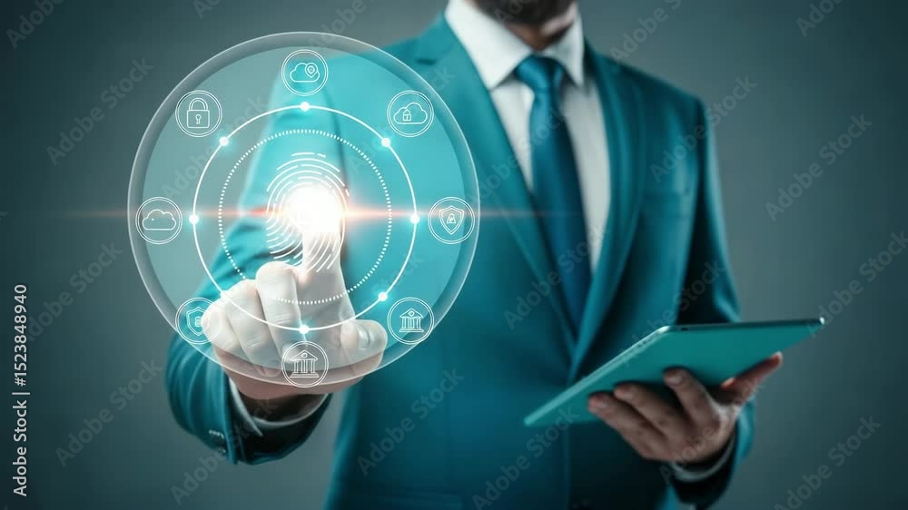 Poster Man in suit touching fingerprint with digital icons and holding tablet on a gray background scene
