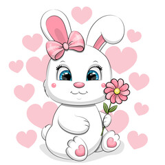 Cute Cartoon White Bunny with pink flower and hair bow. Vector Illustration with animal on white background with pink hearts.