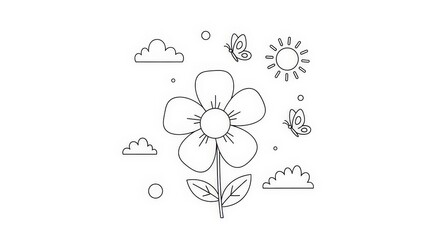 A simplistic and elegant line art depiction of a blooming flower with butterflies and clouds