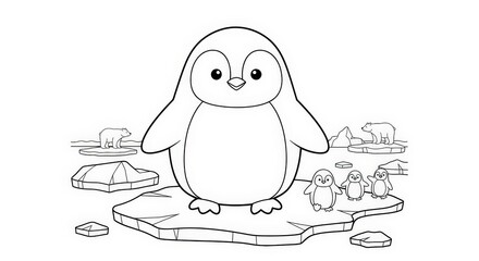 A simple blackandwhite coloring page featuring a group of penguins on an ice floe with polar bears in the background