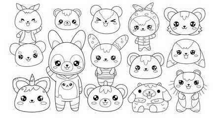 Fototapeta premium Handdrawn line art featuring a variety of cute animal characters with humanlike expressions and accessories