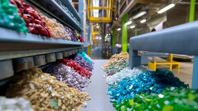 Vibrant plastic granules pouring onto an industrial conveyor illustrate polymer raw-material processing at a modern manufacturing plant