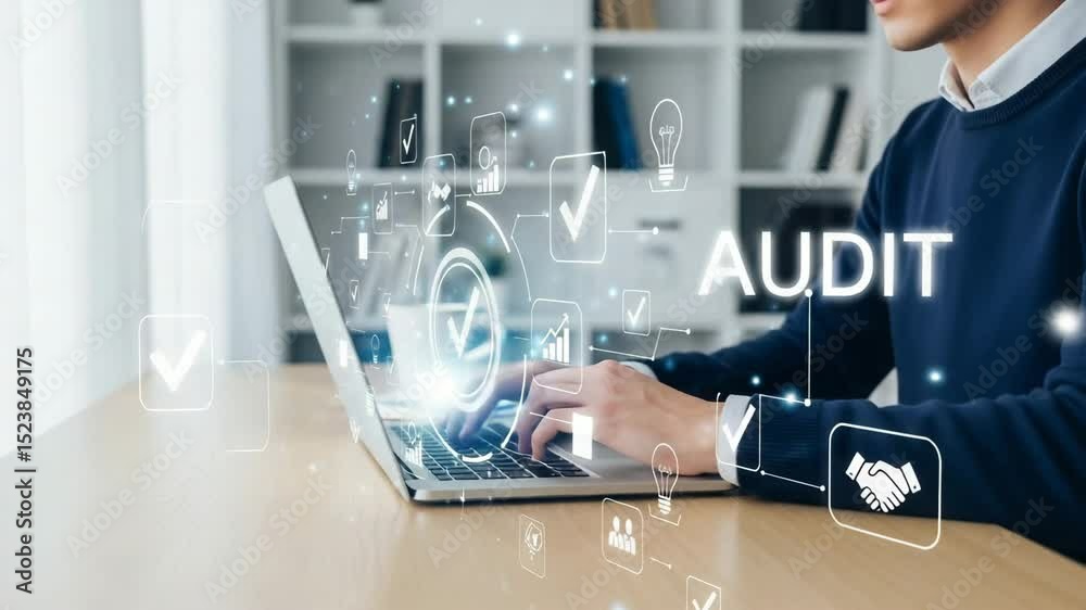 Poster man typing on laptop with audit graphic overlays and office background in bright lighting scene