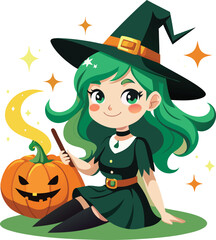 Cute Green Haired Witch with Pumpkin and Magic Wand Illustration