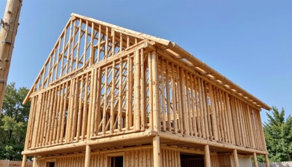 Bamboo structure under construction against a clear blue sky.