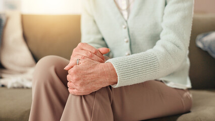 Knee pain, hurt and senior person with arthritis, stiffness and medical condition in home and...
