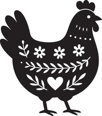 Chicken silhouette in folk art style featuring clean internal patterns, flat black design on white, creative and minimal subject for decorative stock art