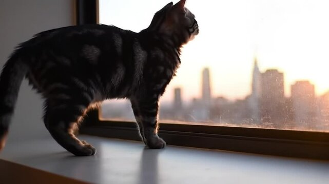 Ein K&auml;tzchen versucht, auf das Fensterbrett zu springen. Black cat gazing curiously with a serene mood, standing by the window against a city skyline backdrop.