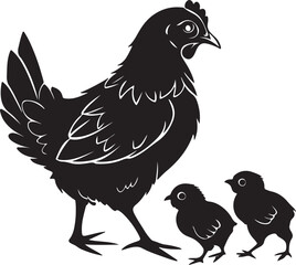 Fototapeta premium Chicken sitting pose with three baby chick outlines, calm black silhouette on white background, clean flat art suitable for microstock platforms