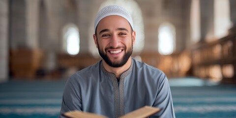 Young muslim male smiling and reading in a mosque interior setting