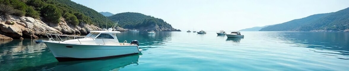 Obraz premium Serene scene of several small boats gently resting at a tranquil harbor, peacefully bobbing on calm water, reflecting the clear sky Perfect for travel, relaxation, or nautical themes , rowboat, water