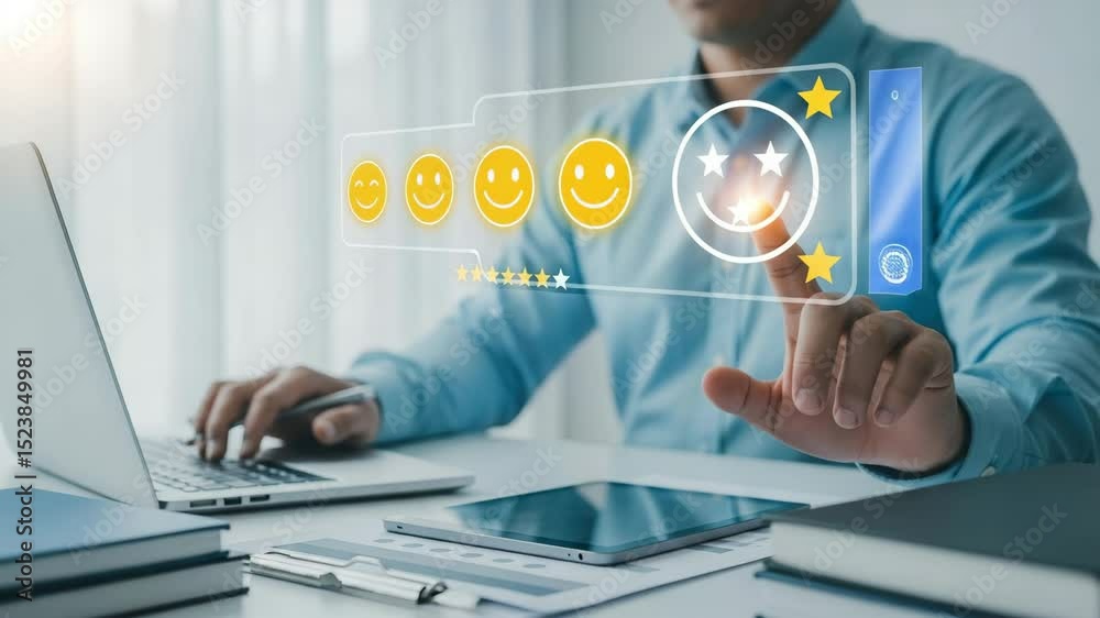 Poster Man selecting a happy face on a digital interface while using a laptop on a white desk top view
