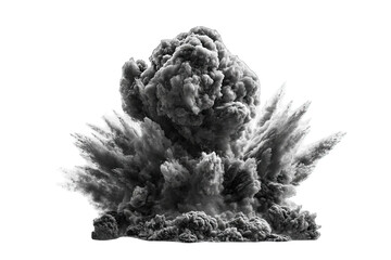 A dramatic, black and white explosion of dark smoke and debris, radiating outwards from a central point