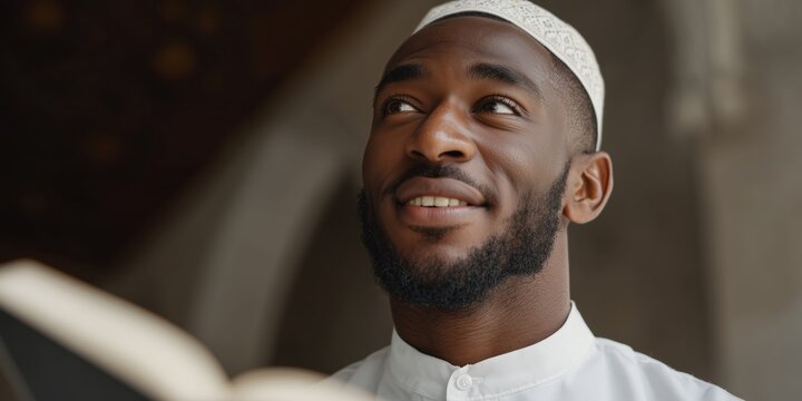 Young muslim man smiling and reading for religious study and spiritual reflection