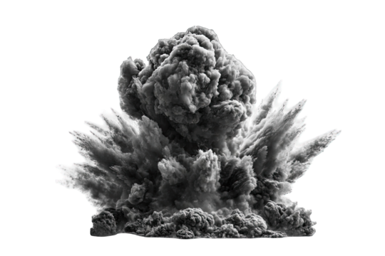 A dramatic, black and white explosion of dark smoke and debris, radiating outwards from a central point