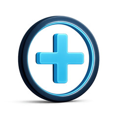 Obraz premium Add Icon: A simple, eye-catching 3D render featuring a neon-blue plus sign within a dark circular frame.