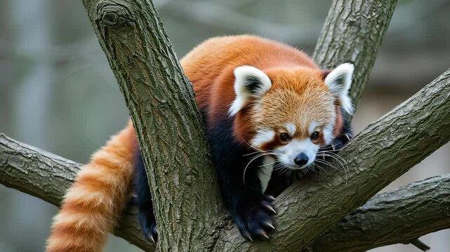 Adorable red panda lounging on a tree branch in a lush forest, observing surroundings