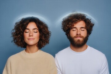 Obraz premium Serene young couple meditating together with eyes closed in calm harmony expressing mindfulness and collective energy radiating positivity in a soothing minimalist setting