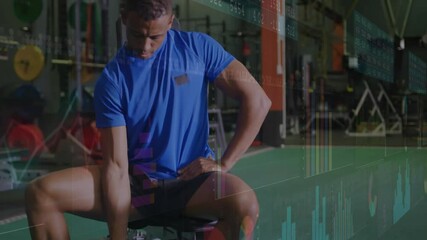 Man gripping dumbbell and initiating fitness data charts while doing slow curls for muscle metrics - Powered by Adobe