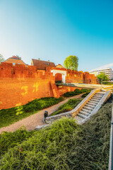 Warsaw old city center with Warsaw Barbican near Vistula river in the morning
