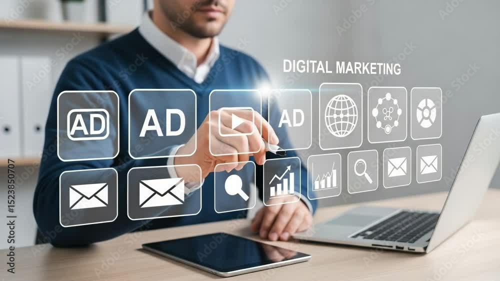 Aufkleber man interacting with digital marketing icons on screen with laptop and tablet on the desk near folde