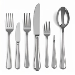 A collection of shiny silver cutlery arranged artistically, showcasing forks and knives for elegant dining.