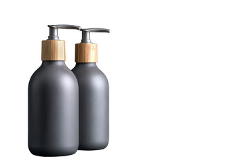 Two dark gray, matte, pump bottles with light brown wooden caps