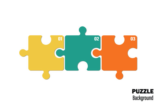 Horizontal chart with 3 connected puzzle pieces. Infographic design template on white background.