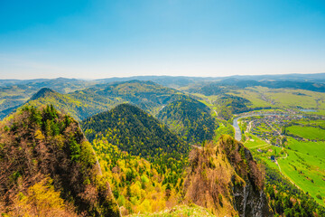 Hiking to peak Tri Koruny or Trzy Korony during day. Pieniny National park in Poland. View from the lookout at the top © Zedspider