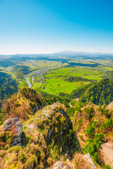 Hiking to peak Tri Koruny or Trzy Korony during day. Pieniny National park in Poland. View from the lookout at the top. © Zedspider