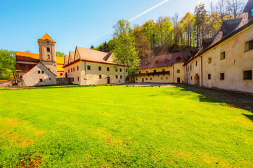 Medieval monastery Cerveny Klastor near Peak Tri Koruny or Trzy Korony in Pieniny National park in Slovakia and Poland © Zedspider