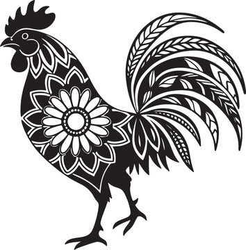 Rooster silhouette with detailed mandala fill, black floral lines on white, elegant flat subject suitable for tracing and ornamental stock graphics