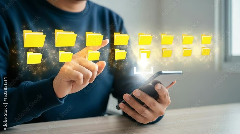 Poster Person downloading files to a smartphone with yellow folder icons above the device screen