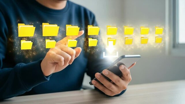 Person downloading files to a smartphone with yellow folder icons above the device screen