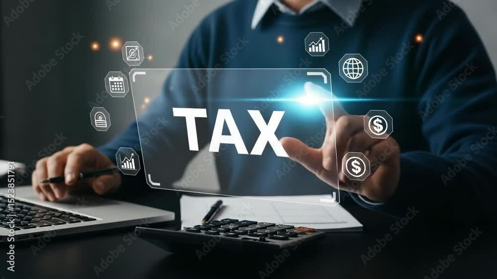 Poster person interacting with a transparent screen displaying the word tax and financial icons around it